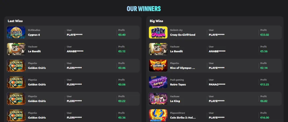 Hexabet Casino Game Winners